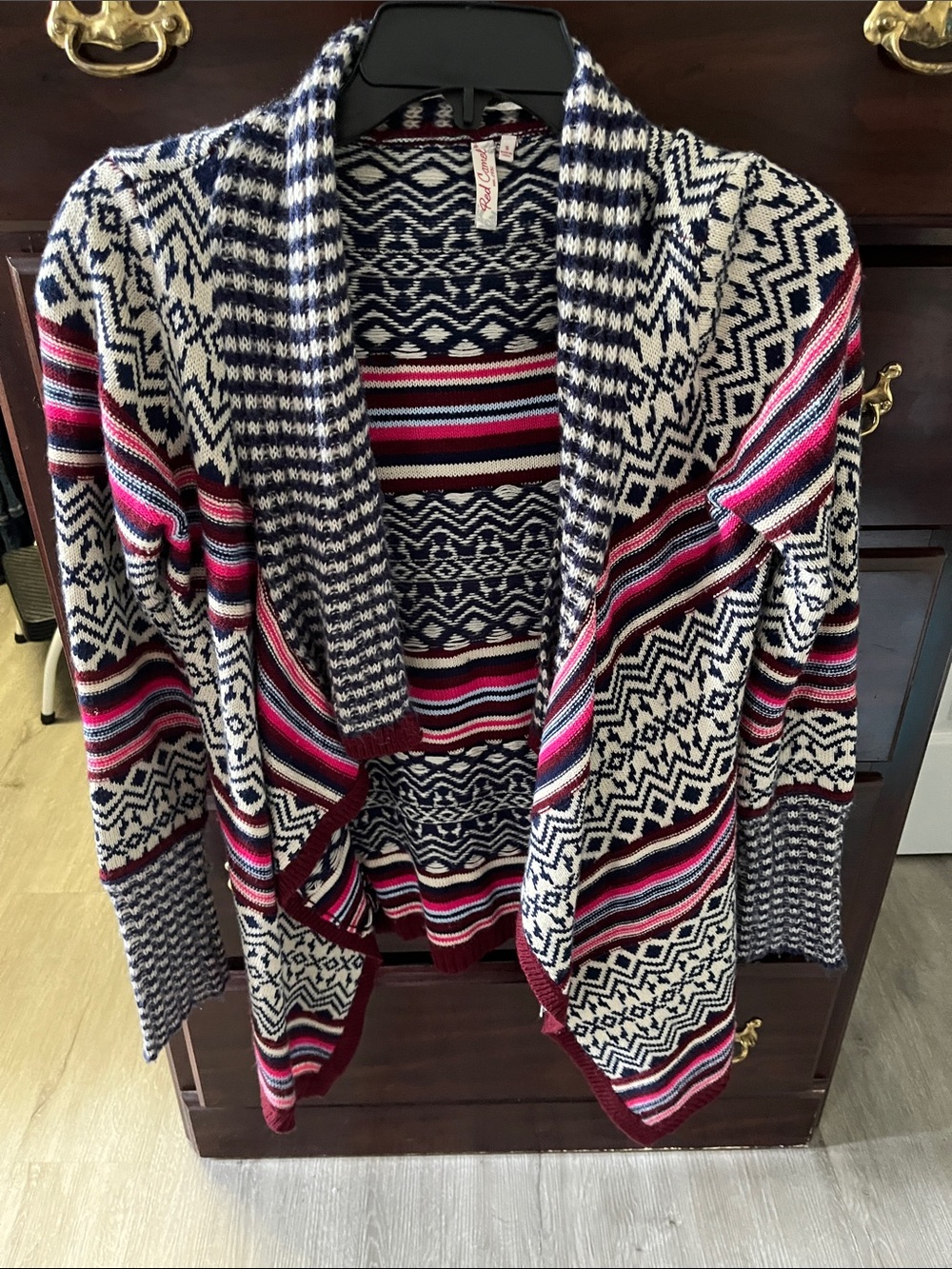 Red Camel Open-Front Cardigan Sweater in Navy, White & Pink